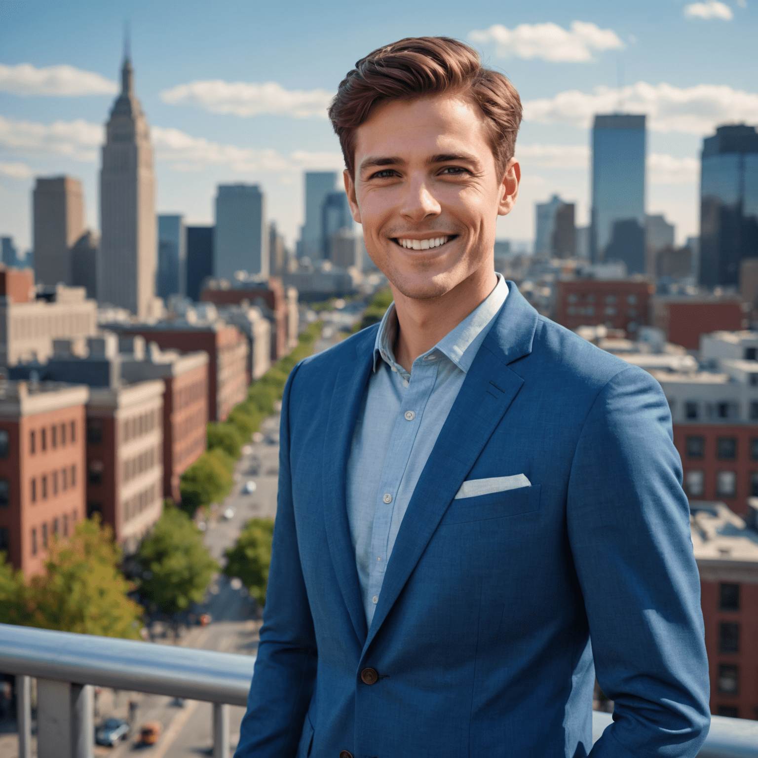 Alex Carter, a charismatic American blogger with short brown hair and a friendly smile, wearing a stylish blue blazer against a modern city backdrop