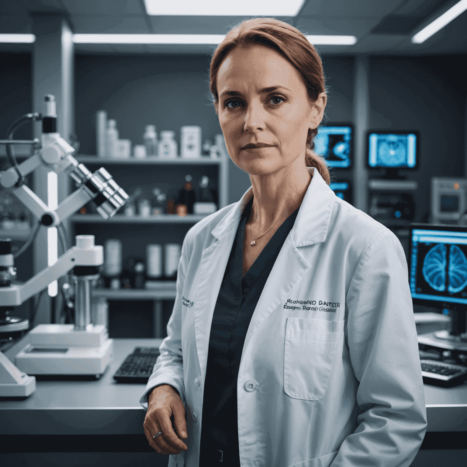 Portrait of Dr. Jane Foster in a lab coat, standing in front of advanced cancer research equipment. Her expression is determined and hopeful.