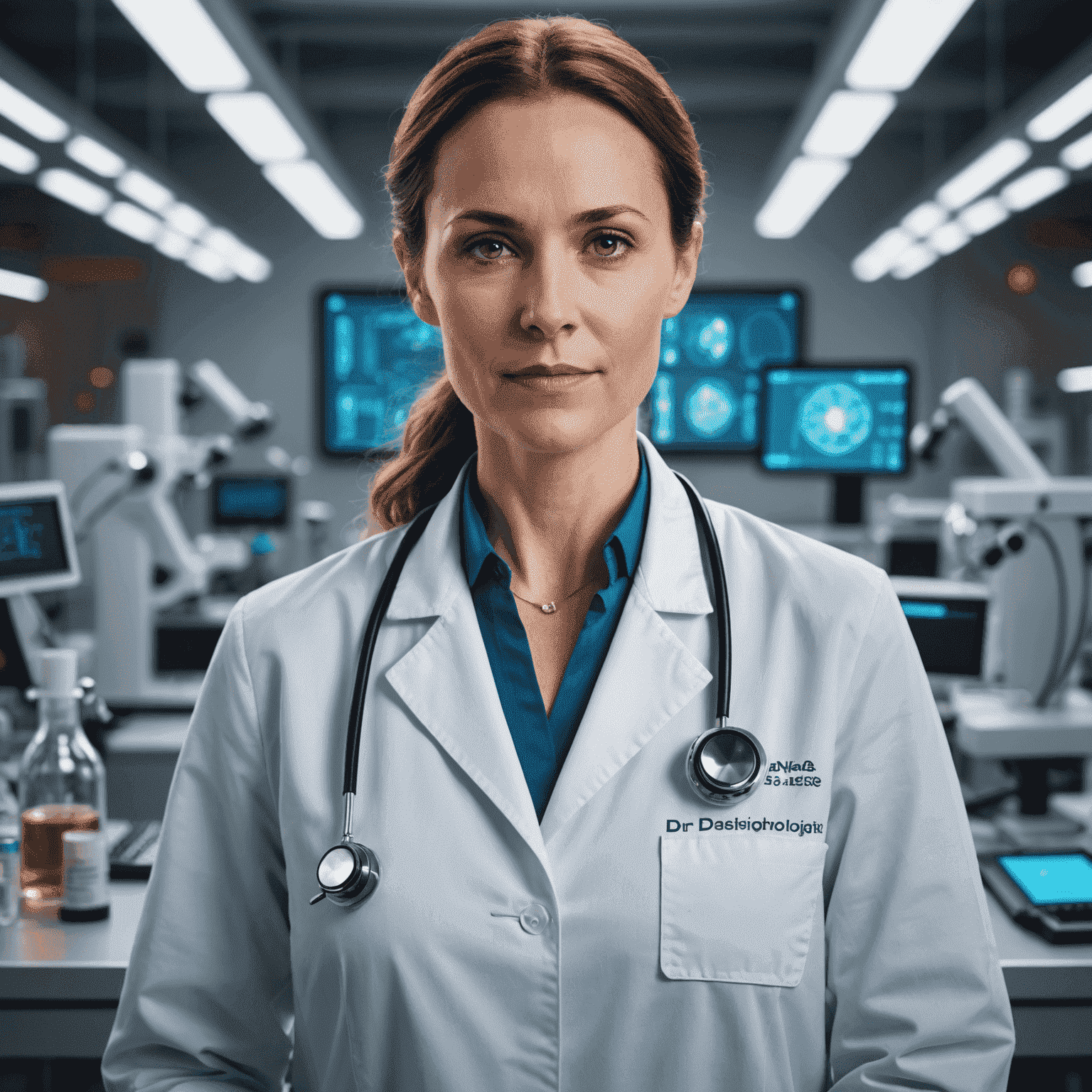 Portrait of Dr. Jane Foster, a confident female oncologist in a lab coat, standing in a high-tech cancer research laboratory