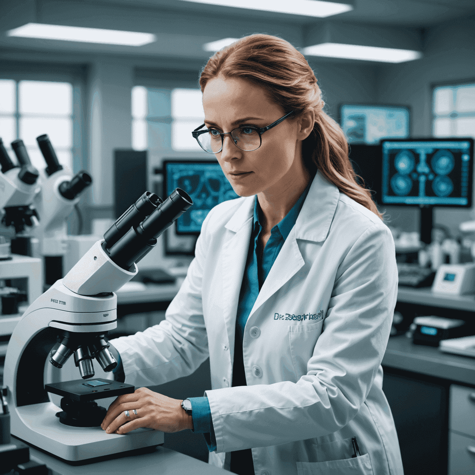 Dr. Jane Foster in her lab, wearing a white coat and looking through a microscope. The background shows advanced medical equipment and a team of researchers working.