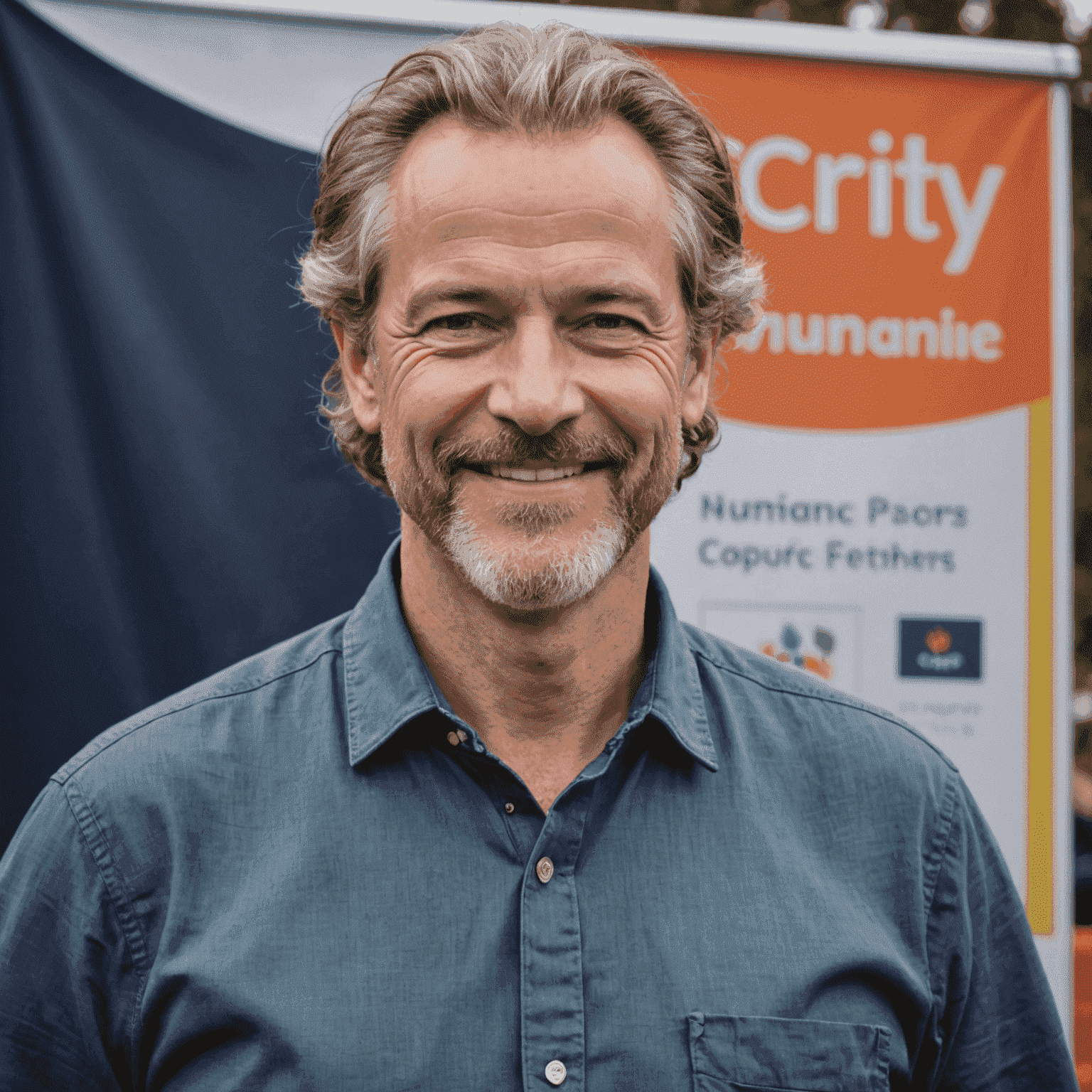 Mark Thompson, a middle-aged man with salt-and-pepper hair and a warm smile, standing in front of a charity event banner