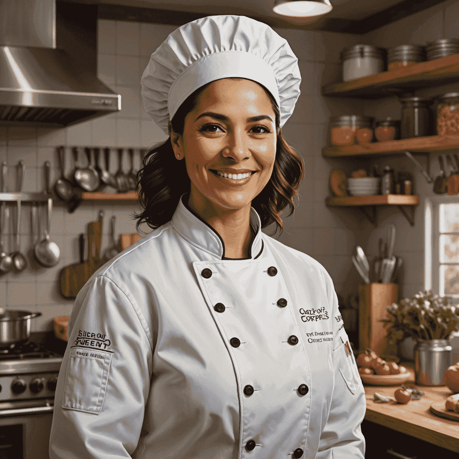 Chef Maria Rodriguez in her kitchen, wearing a chef's coat and smiling warmly while preparing food for those in need