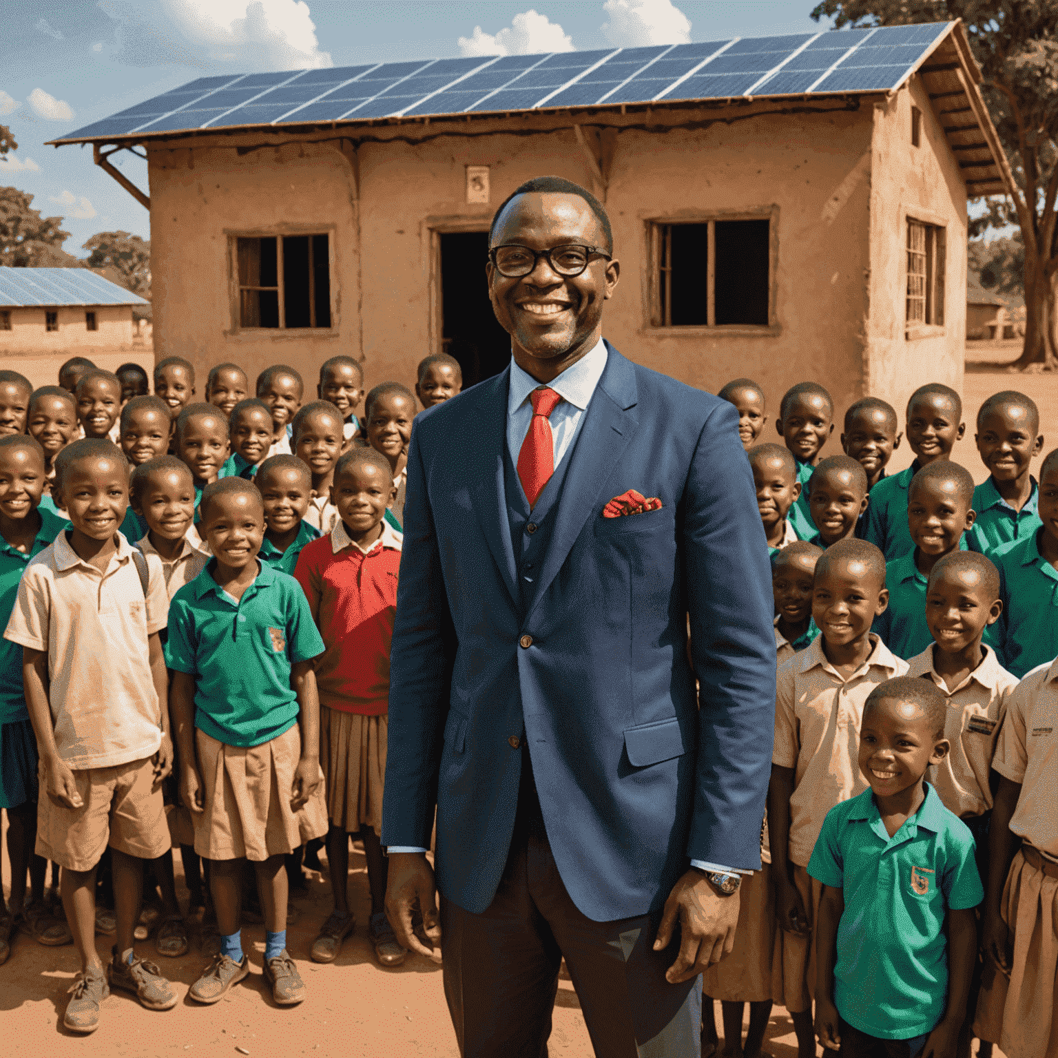 Professor Samuel Okafor standing in front of a rural African school, surrounded by smiling students. The school building is made of local materials and has solar panels on the roof.