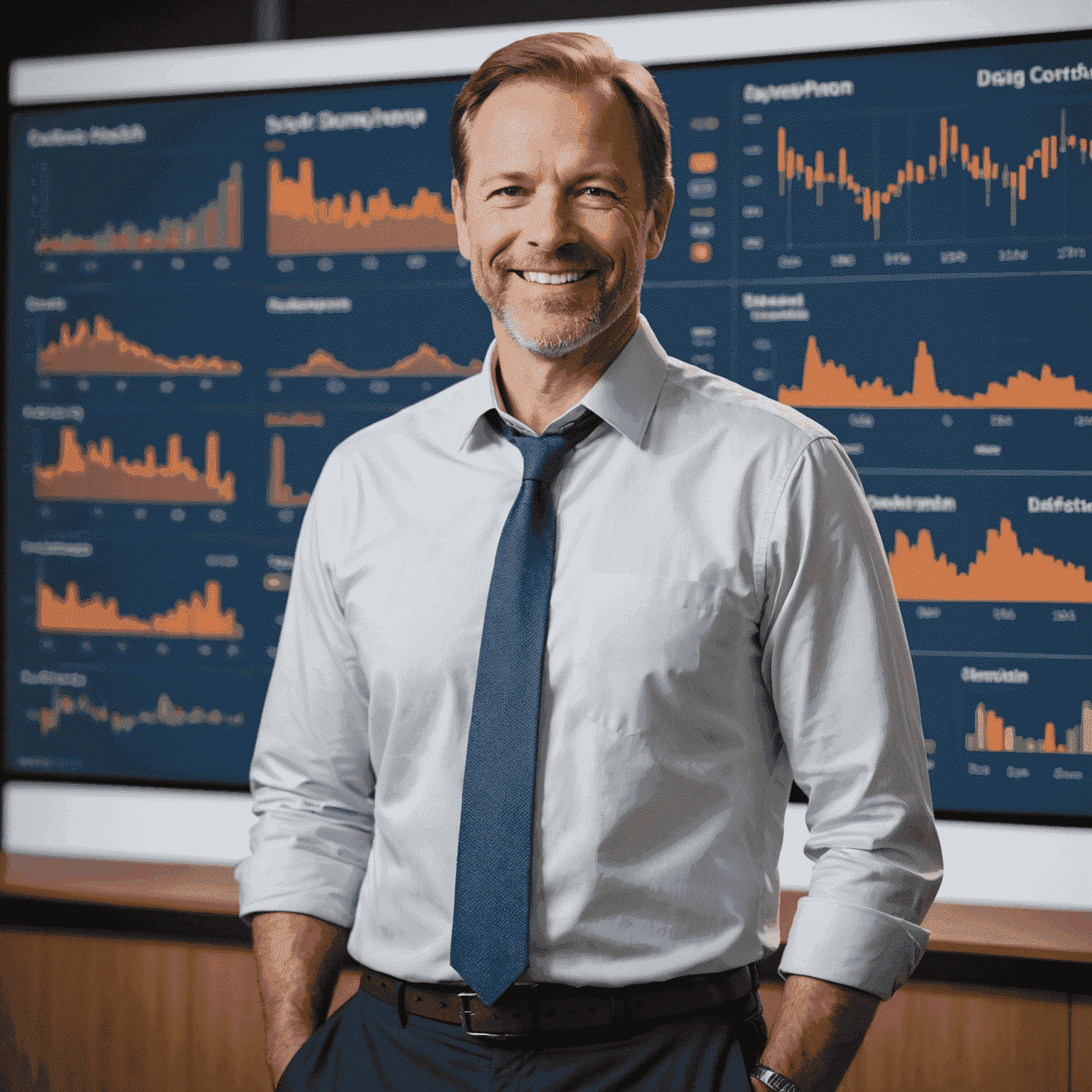 Mark Thompson in a casual business attire, smiling confidently while standing in front of a large screen displaying financial charts and philanthropic projects.