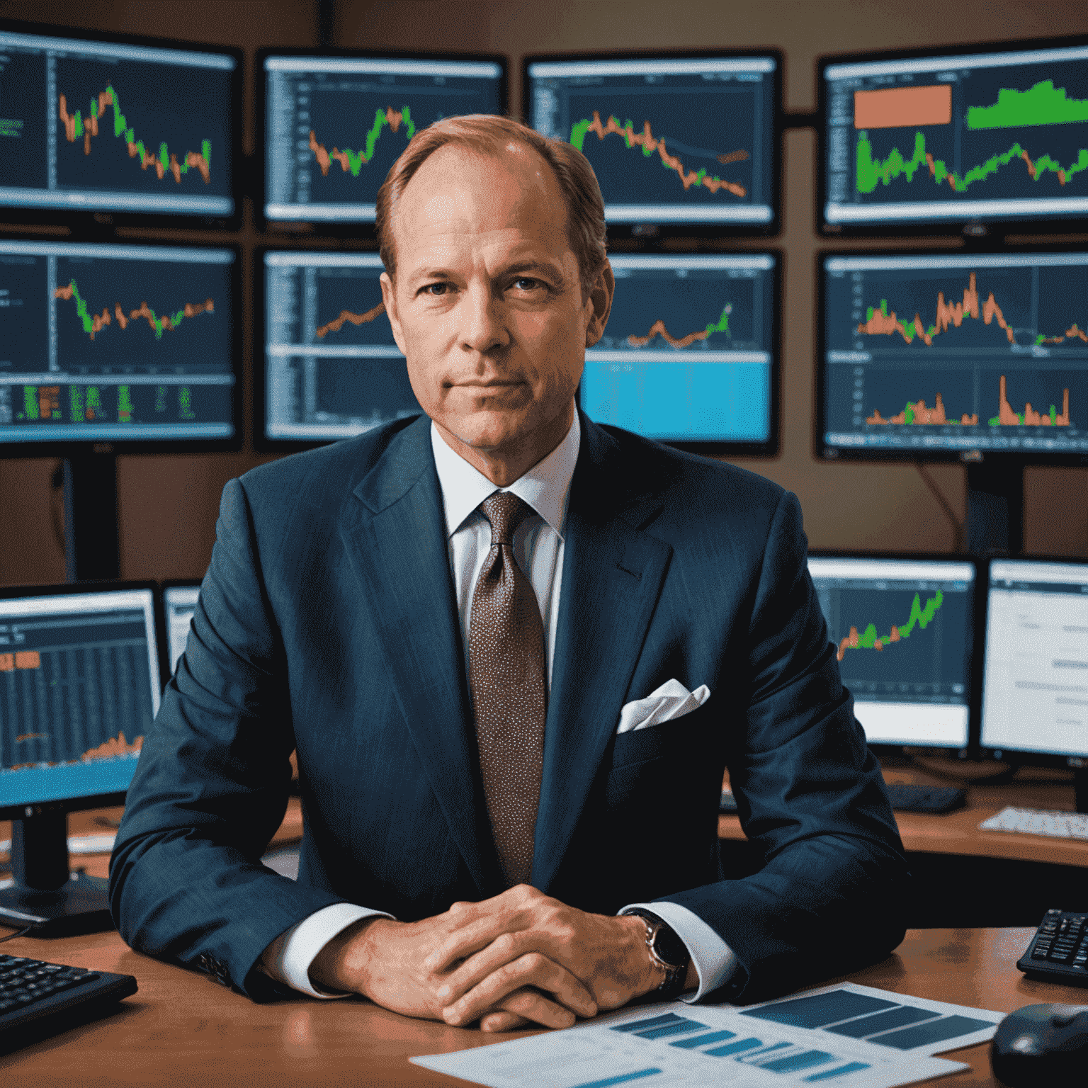 Mark Thompson, a well-dressed former Wall Street trader, now philanthropist, sitting at a desk with multiple computer screens showing financial data and charity project details