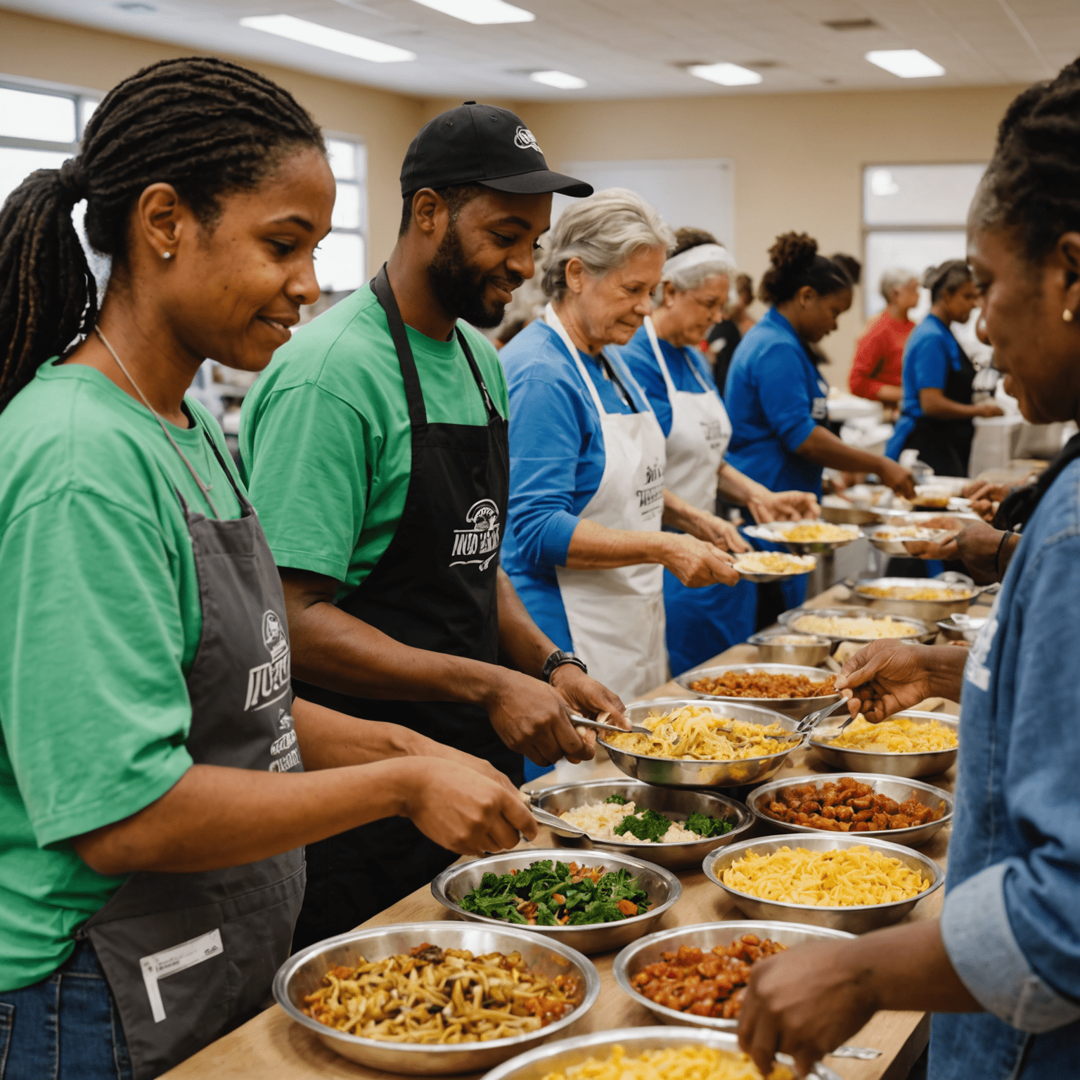 Volunteers at 'Meals of Hope' serving food to a diverse group of people in a community center