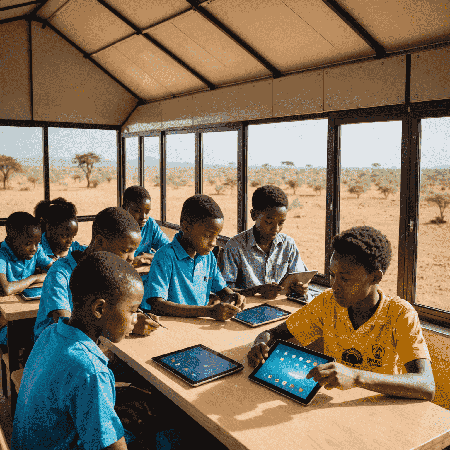 Interior of a solar-powered mobile classroom, showing students using tablets and interactive displays. The classroom is bright and modern, contrasting with the rural African landscape visible through the windows.