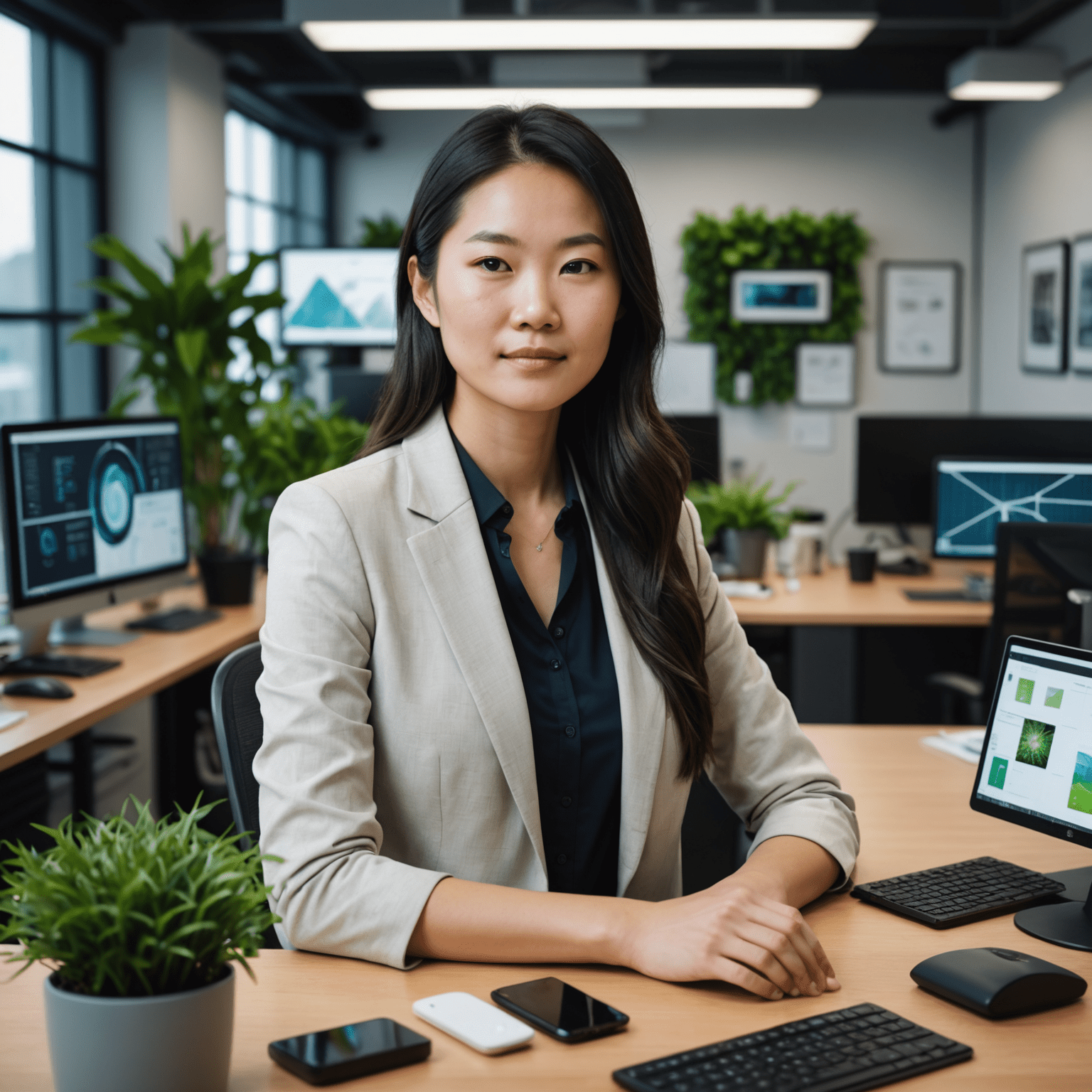 Emily Chen in a modern office setting, surrounded by eco-friendly tech prototypes and renewable energy models.