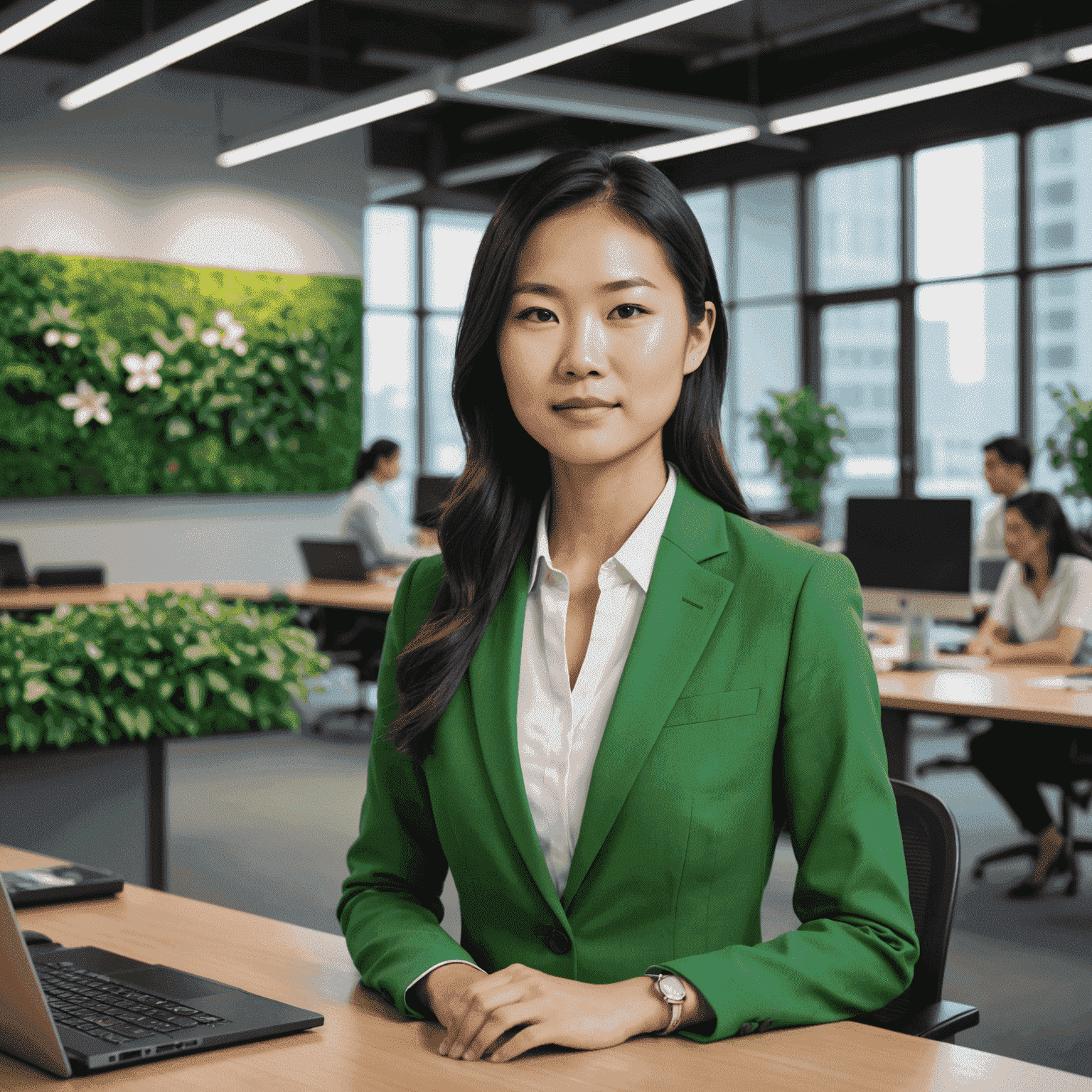 Emily Chen, a young Asian woman CEO, presenting innovative green technology solutions in a modern, eco-friendly office space