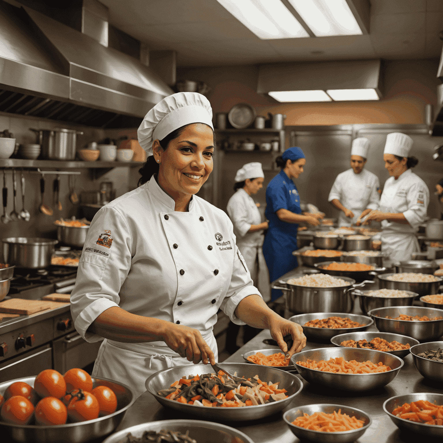 Chef Maria Rodriguez in a bustling kitchen, preparing meals with a team of volunteers for a community food program