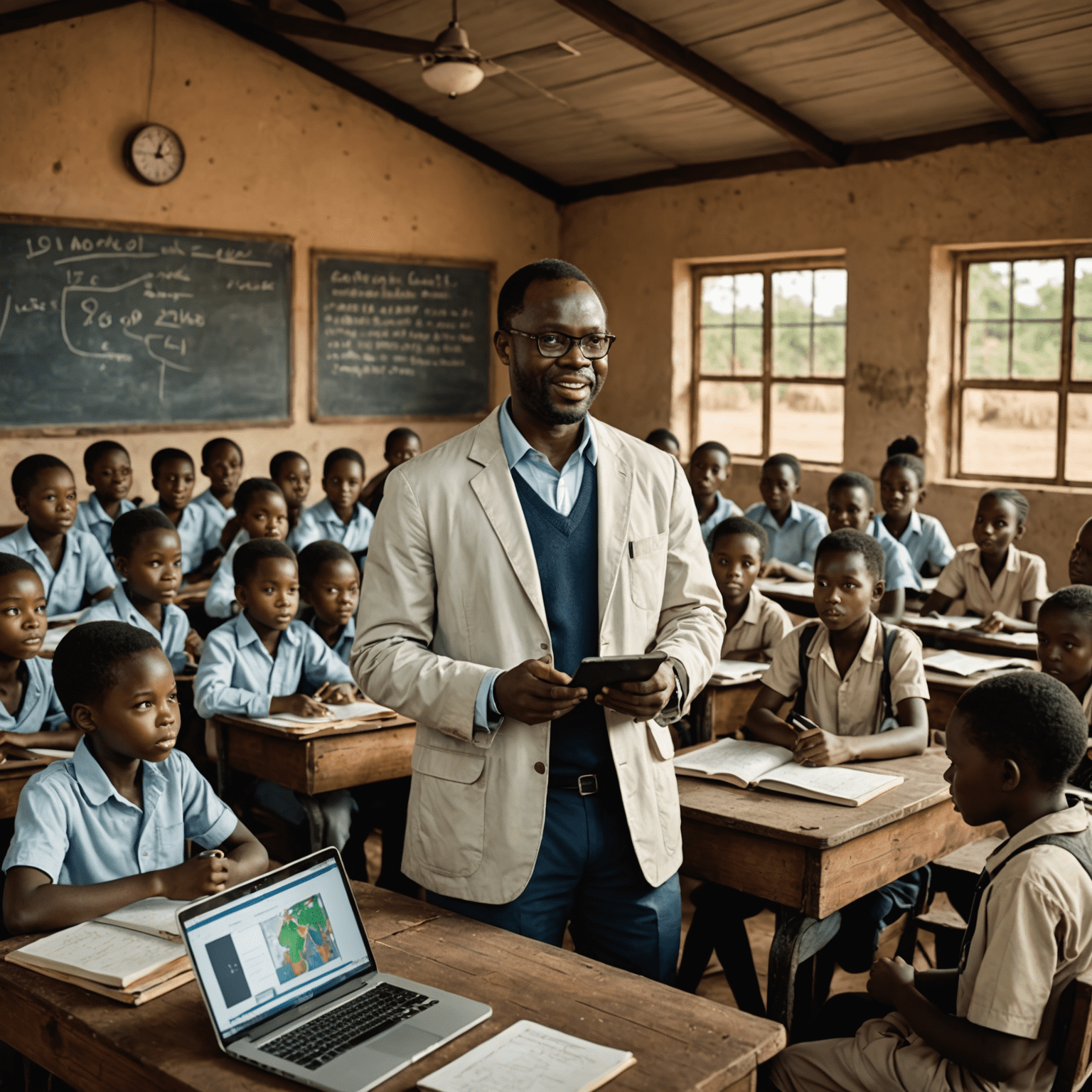 Professor Samuel Okafor teaching a group of eager students in a rural African classroom equipped with modern educational technology